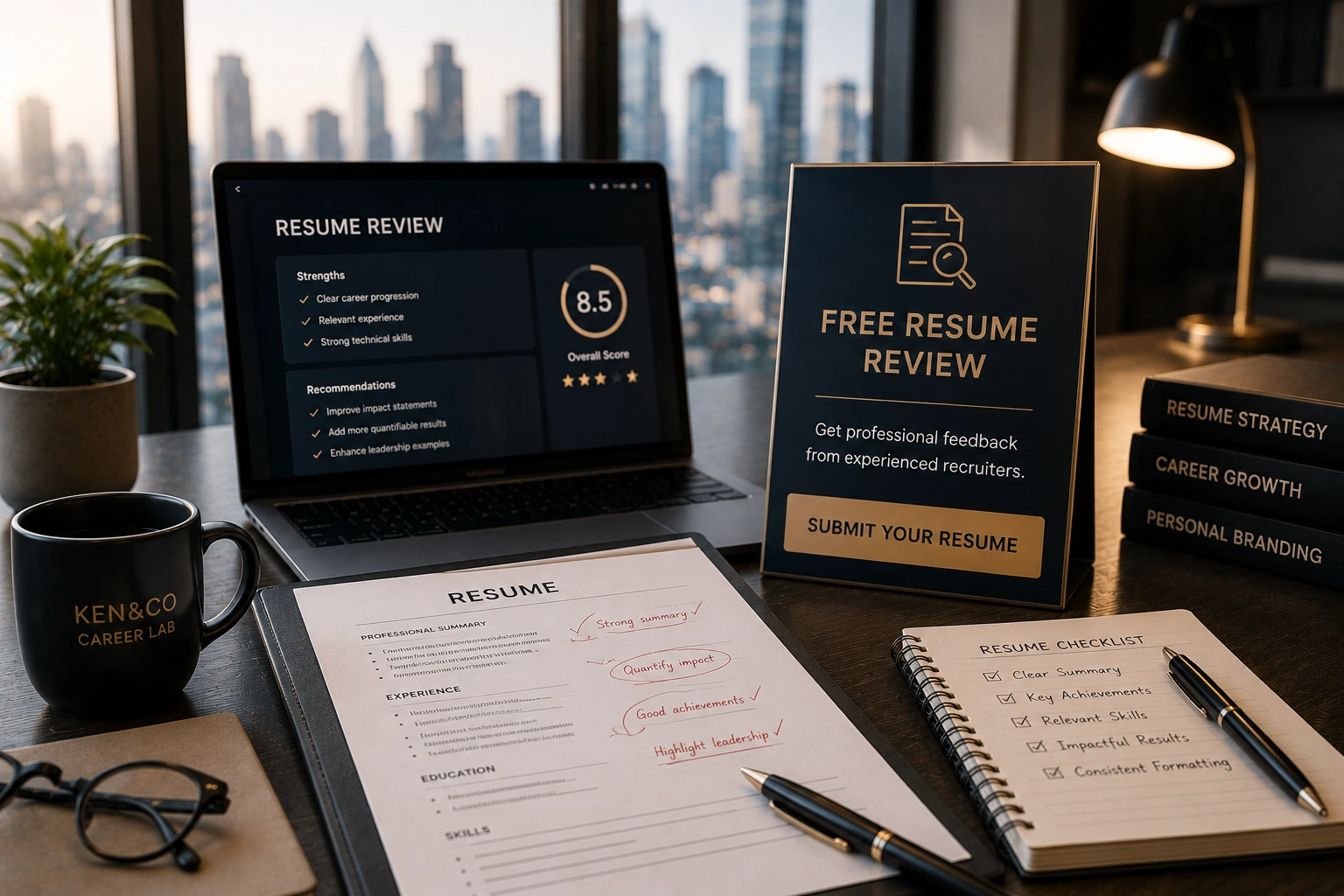 Resume review hero visual for KEN&CO CareerLab